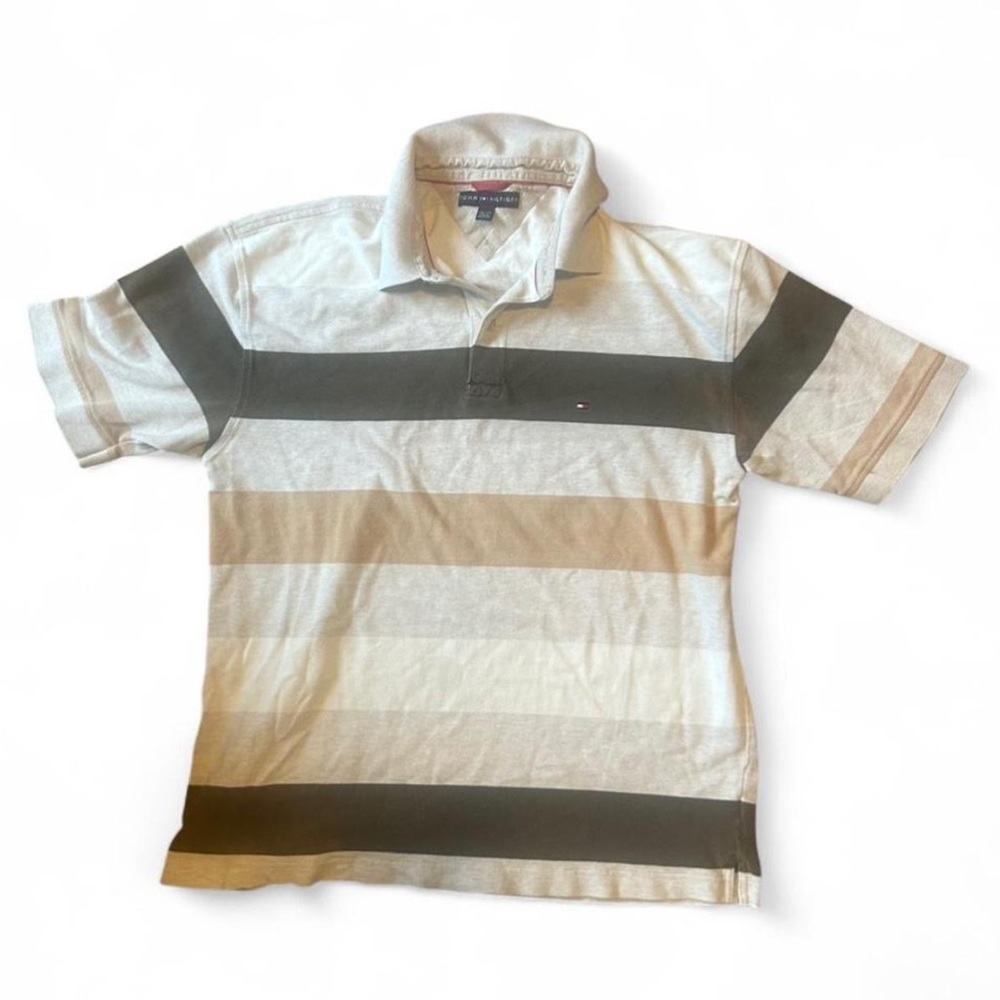 Tommy Hilfiger Men's Polo Shirt - Cream and Brown Stripes